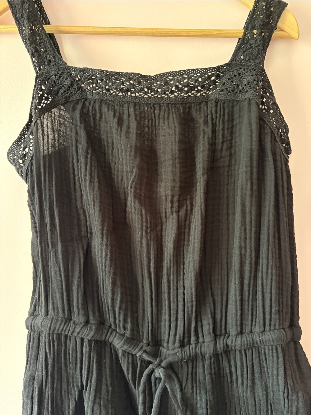 NWOT Michael Stars Black gauze Jumpsuit with Crochet Straps M
